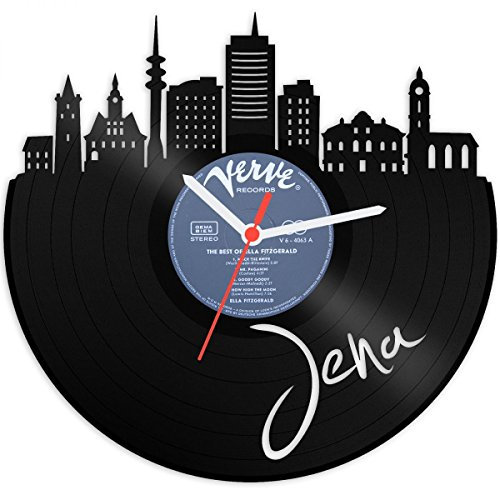 GRAVURZEILE Schallplattenuhr - Skyline JENA - Wanduhr aus gegossenem Vinyl mit Stadt Skyline 30 cm - Upcycling Design-Uhr Wand-Deko Vintage-Uhr Wand-Dekoration Retro-Uhr - Made in Germany
