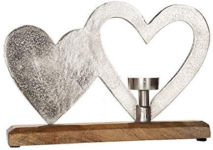 Gilde Leuchter-Doppelherz auf Holzbase aus Alu/Mangoholz, 30 cm, silber-braun
