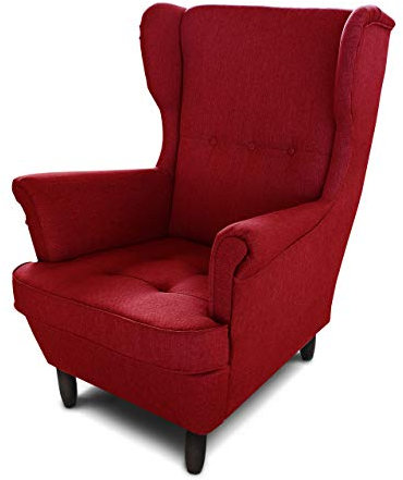 Ohrensessel Sessel King - Lounge Sessel mit Armlehnen - Retro Stuhl aus Stoff mit Holz Füßen - Polsterstuhl für Esszimmer & Wohnzimmer (Rot (Inari 60), ohne Hocker)