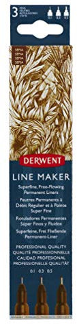 Derwent Sepia Line Maker Stifte, Set mit 3 Stück, Fineliner, verschiedene Spitzenstärken, schnell trocknende Tinte, zum Skizzieren, Schreiben, Illustrieren, professionelle Qualität, 2305561