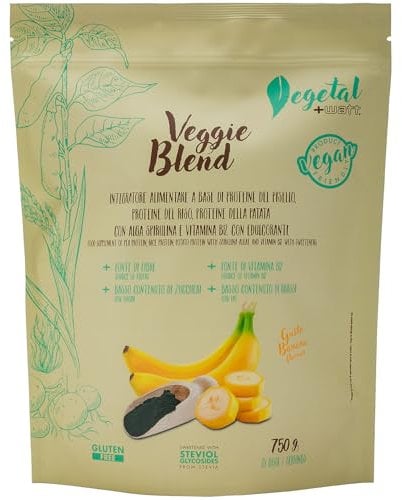 Veggie Blend 750 g - Proteine vegetali del pisello, del riso e della patata. Con spirulina e vitamina B12-100% vegetale e vegan - Gusto banana