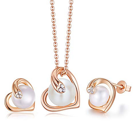 PHENIOTACE Ensemble de Bijoux en Perles Femme Boucles d'Oreilles et Collier en Forme de Cœur avec Perles d'Eau Douce Or Rose Cadeau 01868