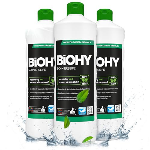 BiOHY Sapone morbido (3 bottiglie da 1l) | Detersivo per lavastoviglie a 2 fasi ad alta efficacia | Pastiglie per lavastoviglie per una pulizia a fondo (Schmierseife)