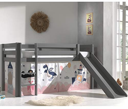 Vipack PINO Lit mezzanine avec toboggan pin Massif Gris + Rideau pour lit en 4 Parties Princess
