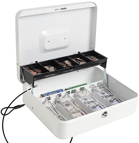 Parrency Geldkassette mit Schlüsselschloss, langlebige Geldkassette aus Metall mit Geldablage, Schlosskasten, sichere Aufbewahrung, Sicherheitsschloss mit Sicherheitskabel, Weiß