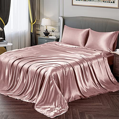 Vonty Satin Sheets King Size Silky Soft Satin Bed Sheets Rose Gold Sheet Set, 1 Deep Pocket Fitted Sheet + 1 Flat Sheet + 2 Pillowcases