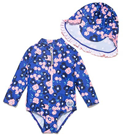 BONVERANO Traje de baño de una Pieza para niña, Mangas largas, protección UV 50+ con Gorra(Morado-Flor,24-36meses…