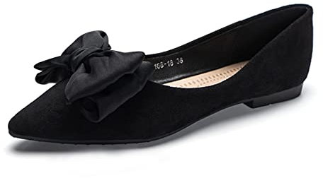 MACHSWON Womens Ballet Flats Pointed Toe Bow Faux Suede Ladies Black Slip On Ballet Pumps Dolly Shoes(Black-2, Size 5.5)