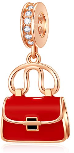 Red Enamel Women Handbag Pendant Charms, fit Pandora Valentines Bracelet/Necklace, Rose Gold I Love Shopping Bag Dangle Beads in 925 Sterling Silver, Gift for Daughter/Auntie