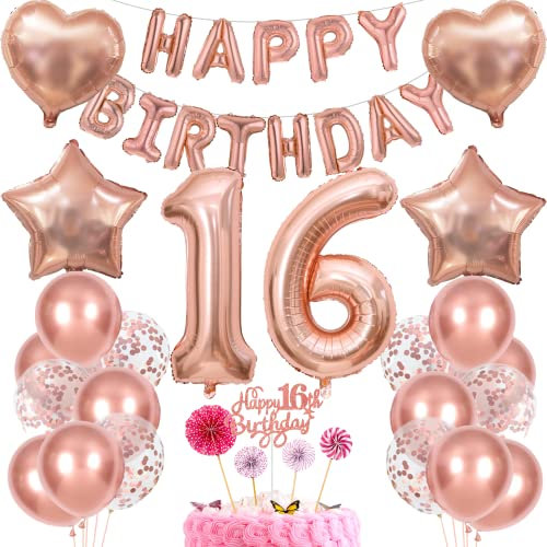 Deko 16. Geburtstag Mädchen Tortendeko Rosegold - Geschenk für 16 Jahre Ballon
