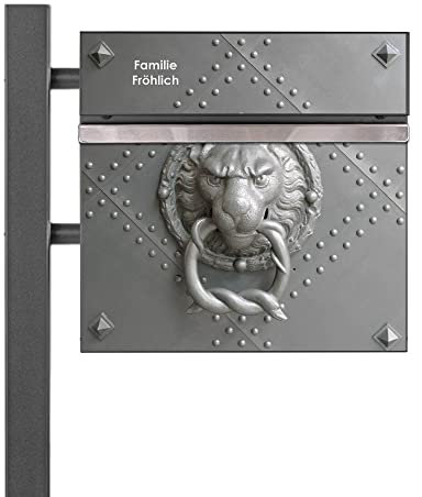 banjado® Standbriefkasten Anthrazit mit Namensschild Eisentor & Zeitungsfach/Briefkasten mit Standfuß in Anthrazit/Postkasten A4 Einwurf inkl. Montagematerial & 2 Schlüsseln