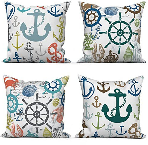 ASDCXZ Maritim Kissenbezug 40x40 cm 4er Set, Maritim Anker Seekompass Schale Weiß Sofa Dekokissen Kissenbezüge Kissenhülle Waschbar Polyester Leinen Textil Polster Kopfkissenbezug Kissen Bezug
