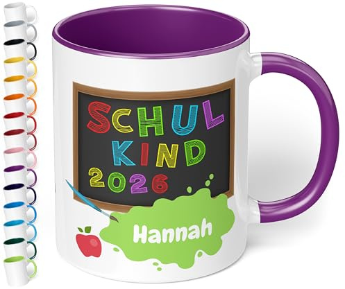 Geschenk zur Einschulung für Mädchen und Jungen: „Schulkind 2026“ - mit TAFEL-Motiv - personalisierte Tasse mit Namen für Erstklässler - kleines Geschenk für Schüler 1. Klasse, Violett