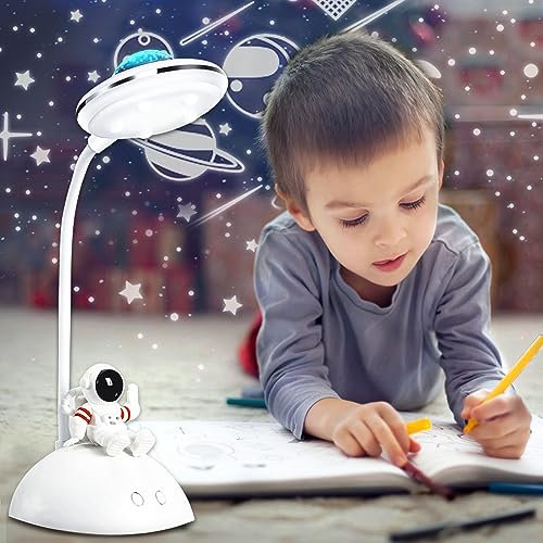 WLHBF Schreibtischlampe Kinder, LED Astronaut Tragbar Tischlampe, Leselampe mit Projektion &Bleistifthalter, Schreibtischlampe Dimmbar Wiederaufladbar Lampe für Student Schlafsaal Studie Lesen