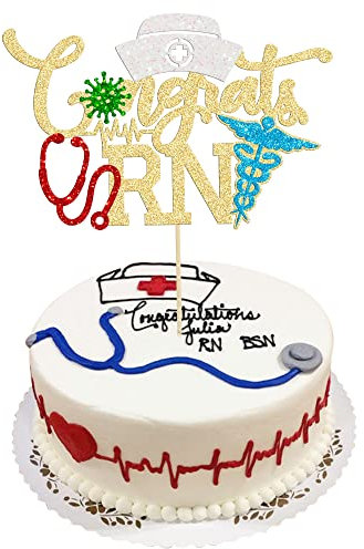 Gyufise 1Pcs Congratulations RN Cake Topper RN Graduation Decorations Congrats Nurse/RN Gold Glitter Medical School Graduation Party Decorations for Medical Rn Theme 2023 Graduation Birthday Party