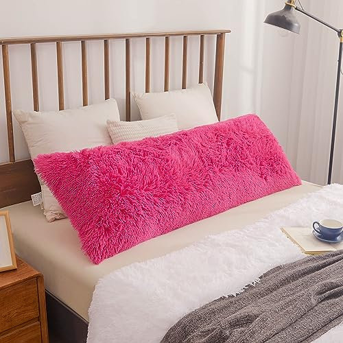 XeGe Housse de coussin en fausse fourrure à poils longs avec fermeture éclair, taie d'oreiller décorative en peluche douce pour chambre à coucher, canapé, 50,8 x 137,2 cm, rose vif