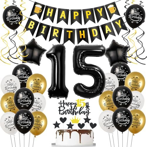 Luftballons 15. Geburtstag Schwarz Golden, Geburtstagsdeko 15 Jahre Junge mädchen, Ballon 15. Geburtstag, Folienballon Zahl 15, deko 15. geburtstag mädchen, Tortendeko 15 Junge Deko