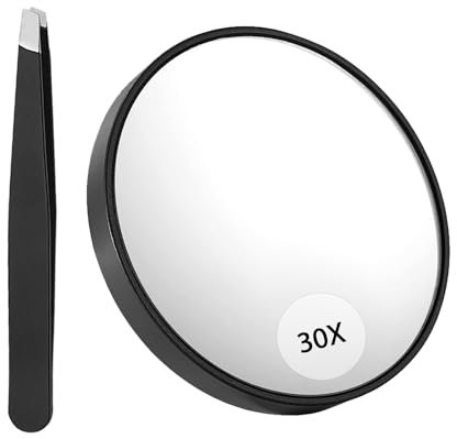 MEMOFYND Lupa de 30 Aumentos Con Pinza y Caja de Papel - Lupa de Viaje y Espejo de Aumento Portátil Para Bolso - Espejo de Maquillaje Compacto (Negro)
