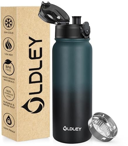 OLDLEY 600ml/20oz Stainless Steel Water Bottle Double Walled Vacuum Flask Keeps Drink Hot and Cold Leakproof BPA Free 600ML Metal Insulated Water Bottle for Sport Work Outdoor Hiking (Green Black)