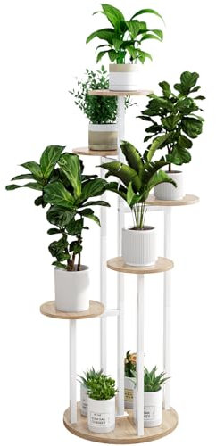 INGIORDAR Pflanzenständer für den Innenbereich, 6 Etagen, 5 Blumentopfhalter für Terrasse, Garten, Balkon, Wohnzimmer, Ecke (6 Etagen, Weiß + Sonoma-Eiche)