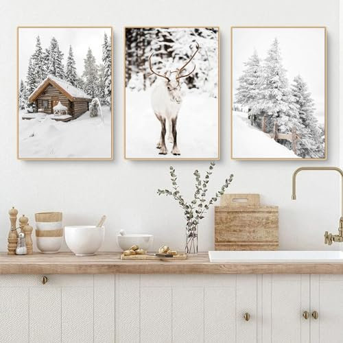 3er Premium Winter Poster Set, Moderne Wandbilder, Winterposter Schneeszene Elch, Holzhaus, Auto,Wald, Bilder ohne Bilderrahmen, Wanddeko Wohnzimmer & Schlafzimmer (GHI,30x40cm)