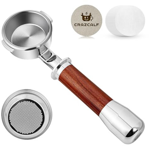 CRAZCALF Porte-filtre sans fond 58 mm, porte-filtre 58 mm compatible avec toutes les machines Breville Barista 58 mm, porte-filtre en acier inoxydable avec poignée en bois, filtre à café en acier