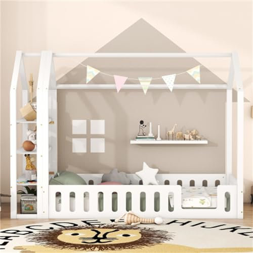 Hausbett mit Regalen und Geländern 90 * 200cm Kinderbett für Jungen und Mädchen Flachbett mit Lattenrost Juniorbett Zimmerbett (Weiß)