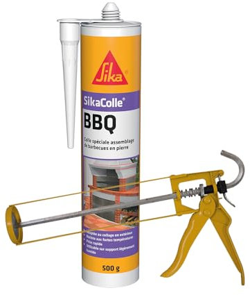 SIKA - Colle spéciale assemblage de barbecues en pierre - Résiste aux fortes températures - Prise rapide - Beige - 500g + Pistolet d'application