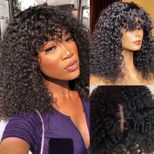 Short Curly Bob Wig Human Hair with Fringe 2X1 Lace Front Wig Human Hair Wig with Bang Kinky Curly Kurze Bob Echthaar Perücke mit Pony 10 zoll