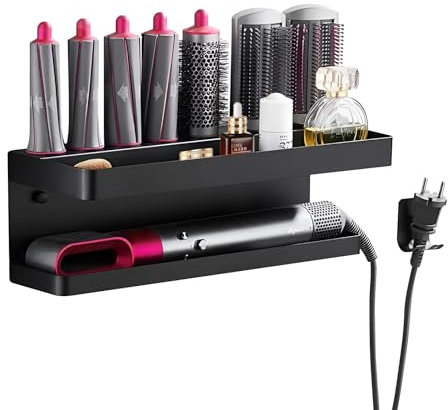 Feelhap Föhnhalter Wand Ohne Bohren,Wandhalterung Organizer für Dyson Airwrap,Föhn Halterung mit Steckerhalter & Aufbewahrung,Selbstklebend Haartrocknerhalter Für Bad Barbershop Hotel (Schwarz)
