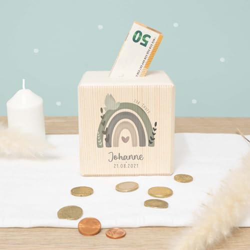 Spardose Taufe - Personalisierte Holzspardose - Geschenk zur Taufe, Taufgeschenk für Mädchen & Jungen - Sparschwein - hellomini (Regenbogen & Taube)