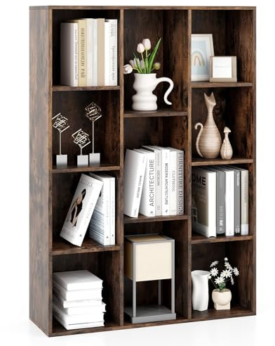 COSTWAY 11-Cube Bookcase, Wooden Book Storage Organizer Display Cabinet with Anti-tipping Kits, Freestanding Modern Geometric Bookshelf for Study Bedroom Living Room (Rustic Brown)
