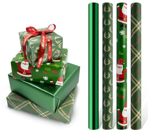 Grüne Geschenkpapierrollen, 4 Rollen 43 cm x 3 Meter Weihnachtsgeschenkpapierrolle, geeignet für Weihnachten, Geburtstage, Partys, Hochzeiten, Babypartys, Festgeschenkdekorationen