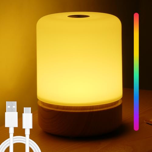 URAQT LED Nachttischlampe Touch Dimmbar, USB Aufladbar Nachtlicht Kinder, mit 8 Farben 3 Modi, Tischlampe Kabellos für Schlafzimmer Wohnzimmer