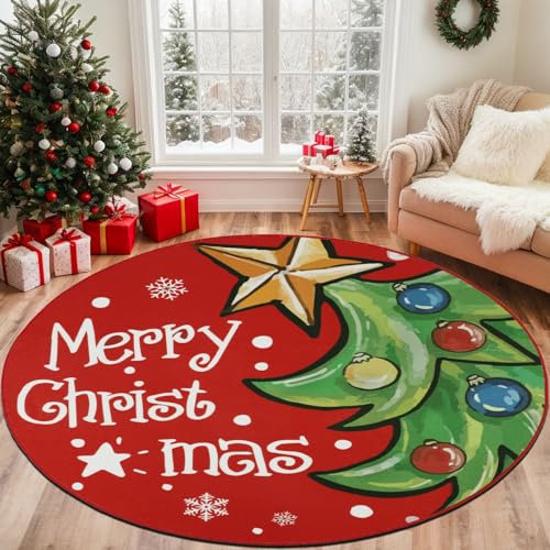 Capslpad Runder Teppich Merry Christmas, 6'x6', Rutschfest, Niedriger Flor, Weihnachtsbaum, Schneeflocke, Teppich, Bauernhaus, Waschbar, Weihnachtsdekoration, Grüne und Weiße