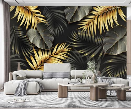 MIWEI Wallpaper Papier Peint Panoramique Feuilles Noir Or Papier Peint Nature Intissé Murale Chambre Salon -MIWEI Wallpaper-014-400cmX280cm