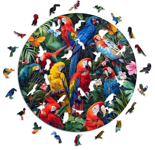 Iconic Puzzles – Colorful Parrots, fantasy animals, 100 % nachhaltiges Holzpuzzle, Geschenke für Kinder und Erwachsene, Größe M, 350 Teile