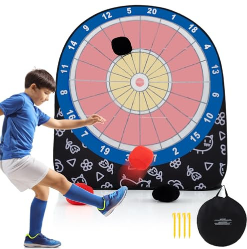 COSTWAY Großes Dartboard für Kinder, Dart Wurfspiel Set mit 4 Kickbällen & Tragetasche, Fußballdart für Garten, Familienspiel für Erwachsene und Kinder ab 6 (Dunkel + Rot + Blau)