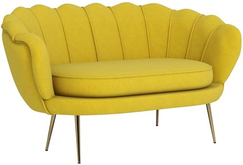 HOMCOM Divanetto 2 Posti in Tessuto Effetto Velluto, Piccolo Divanetto Vintage con Braccioli, Moderno, Seduta Imbottita per Camera da Letto e Soggiorno, 130x77x77cm, Giallo