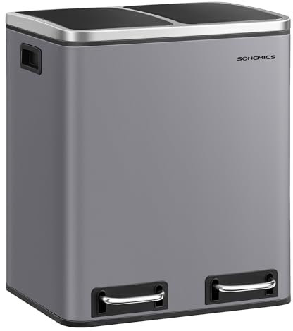 SONGMICS Mülleimer Küche, 2 x 15 Liter, Mülltrennsystem 2 Fächer, inklusive 15 Müllbeutel, Abfalleimer, Treteimer, recycelbare Abfälle, Biomüll, Softclose-Deckel, mattgrau LTB030G01