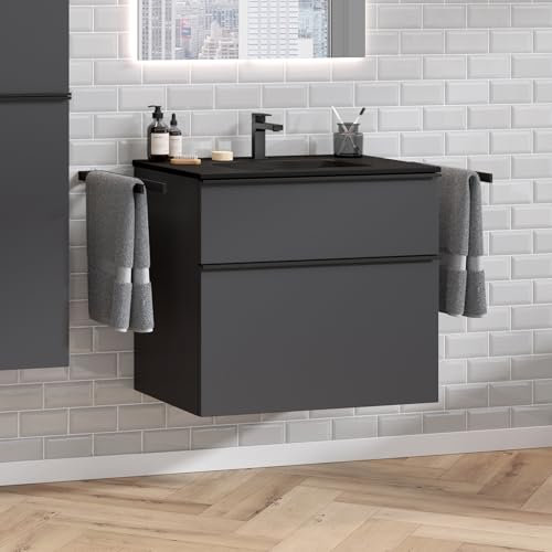 Zentrobad Griff Premium Waschbecken schwarz mit Unterschrank 80 cm anthrazit matt lackiert mit Zwei Schubladen und schwarzen Griffen, Waschtisch Badmöbel Badezimmer Schrank Badschrank