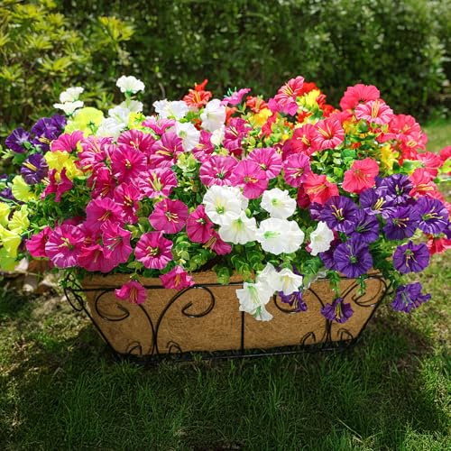 HyeFlora Artificial Flowers for Outdoors Fake Plants Outside Decoration, 12 Bundles Silk Colorful Morning Glory with Eucalyptus UV Resistant Realistic Faux Flowers for Planter Porch Patio Yard Garden