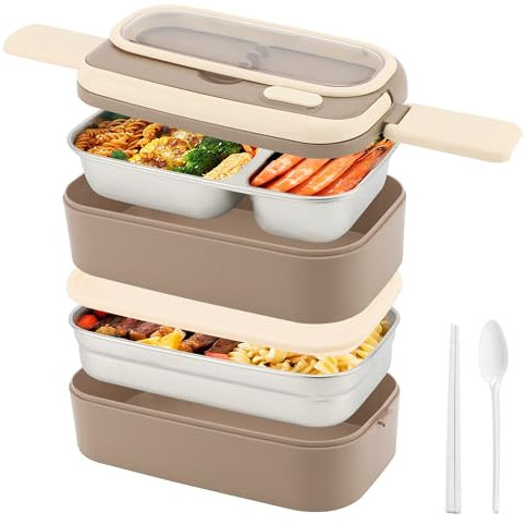MEKOTRIN Lunch Box 1400ML 2 Layer Lunch Box with Compartments, Food Container with Lunch Bag Cutlery Set for School Kindergarten Office Kids Adults(Khaki)