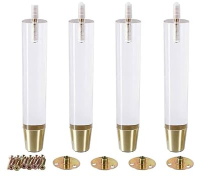 Lot de 4 pieds de meubles de rechange en acrylique transparent avec boulon M8 pré-percé et plaque de montage - Pieds modernes en verre pour armoire, table basse, table d'extrémité, lit avec vis