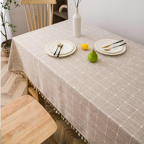 Stfery Tischtuch 140x90 Khaki Home Tischdecke Polyester Baumwolle Gitter Mit Quaste Tischtuch Unterlage rutschfest Dauerhaft für Balkon
