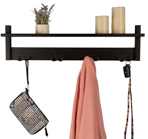 Lavish Home Garderobenleiste mit Ablage - Wandhalterungsregal mit 4 Haken für Geldbörsen, Jacken und Schlüssel - Garderobenleiste für Eingang, Schlamm oder Flur (Schwarz)