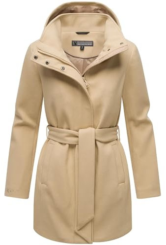 MARIKOO Damen Langer Trenchcoat warme Übergangsjacke in Woll-Optik mit Abnehmbarer Kapuze Katalinaa 16 Beige Gr. M