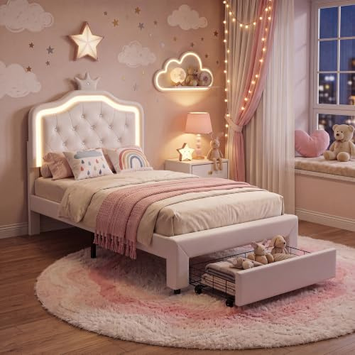 Kinderbett Polsterbett,Polsterbett 90x200 cm für Kinder Gepolstertes Bett für Kinder Prinzessinnenkrone mit LED Einzelbett mit Kopfteil und Lattenrost Jugendbett für Mädchen mit Schublade (weiß+PU