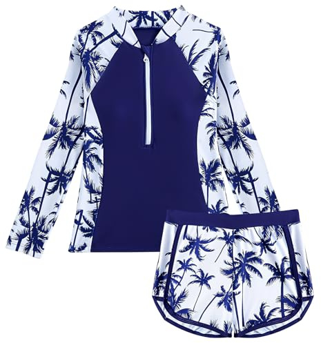 SEAUR Mädchen Badebekleidung Kinder Zweiteiliger Badeanzug Sonnenschutz Schwimmanzug Rashguard Set 1/2 Zip Langarm Schwimmshirt Badeshorts - 130