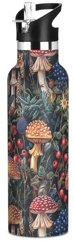 Wasserflaschen im Vintage-Stil mit Pilzblumen, für Mädchen, Teenager, BPA-frei, Edelstahl, isolierte Thermoflasche mit Strohhalm-Deckel, für heiße oder kalte Getränke, 590 ml
